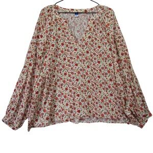 Old Navy Floral Blouse Womens XL Cream Red Good Boho Balloon Sleeve V-Neck